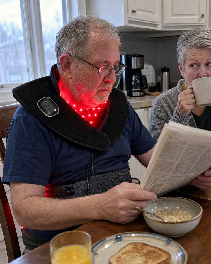 Man at the breakfast table wearing the glowing neck wrap