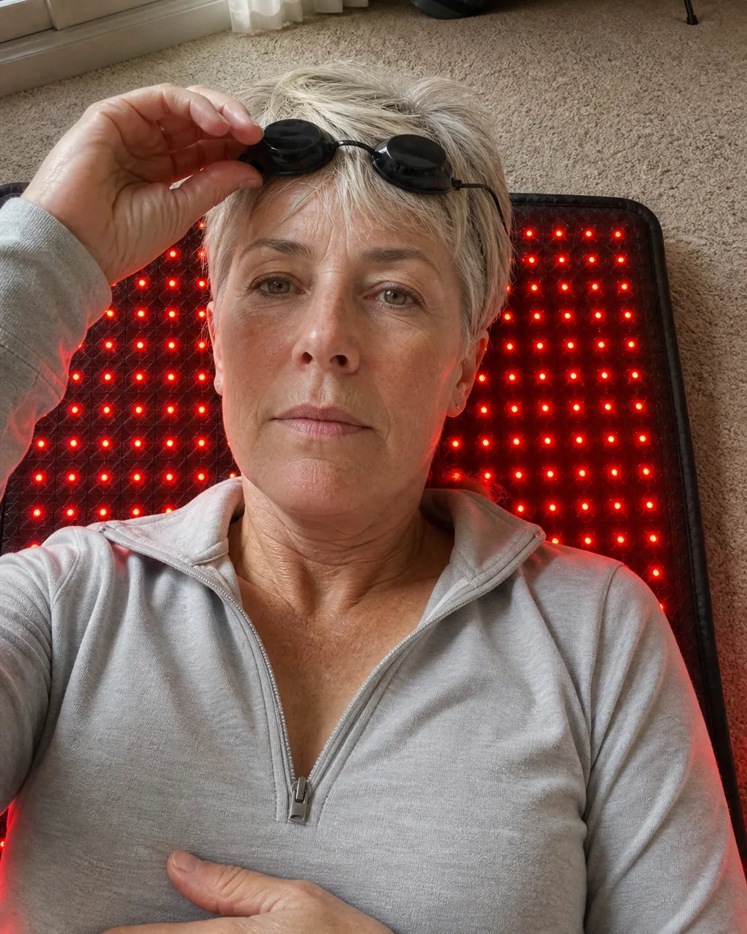 Woman in her sixties lying on the EMBRA red light mat in her living room, pushing eye goggles up onto her forehead