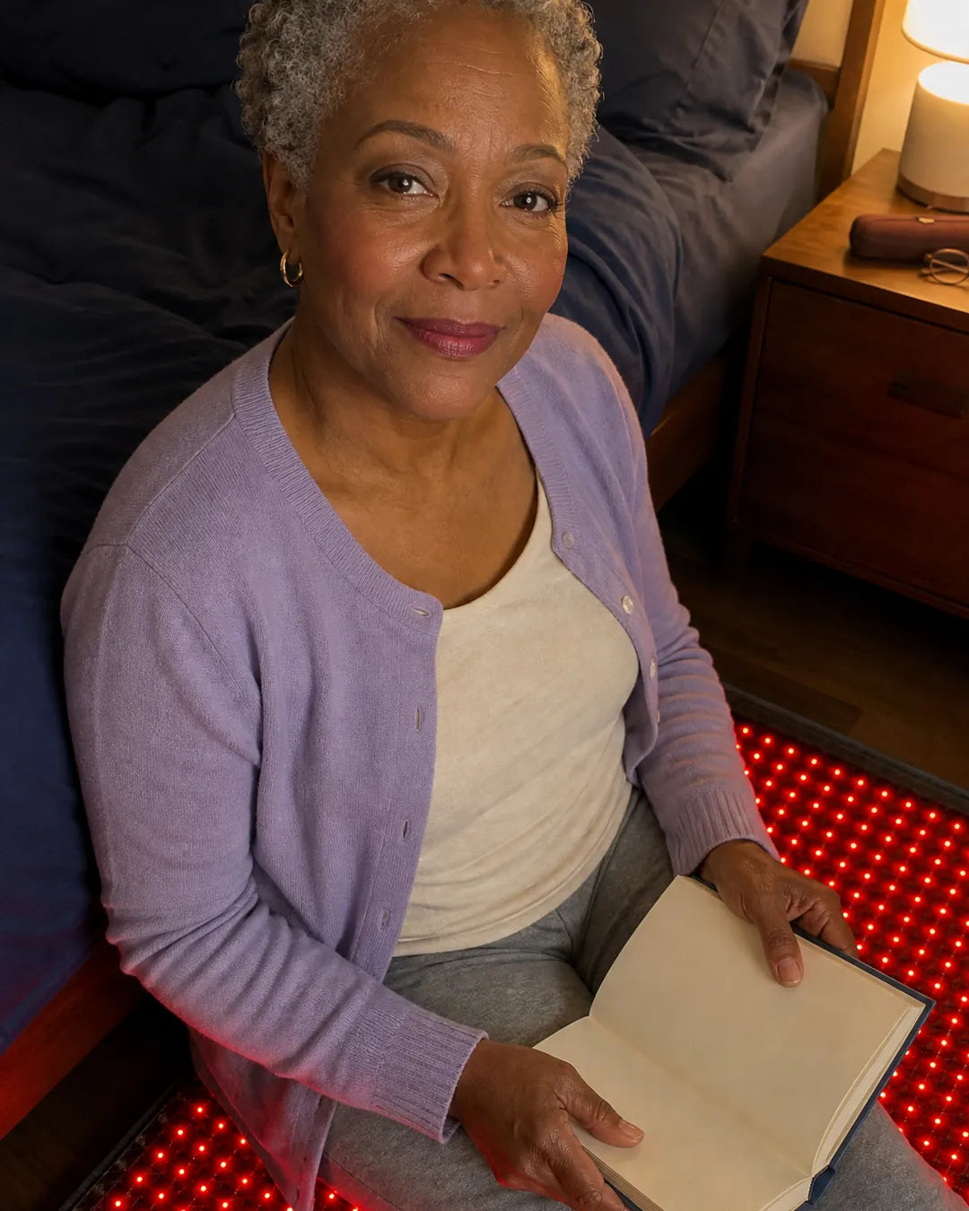 Woman in her sixties sitting on the EMBRA red light mat next to her bed, reading a book by lamplight