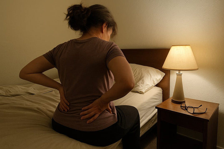 Woman sitting on the edge of her bed at dawn, both hands pressed into her lower back