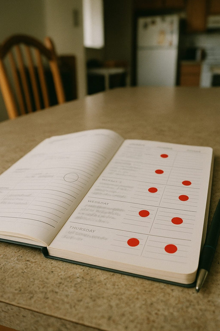 An open weekly planner on a kitchen table with a red dot on almost every day