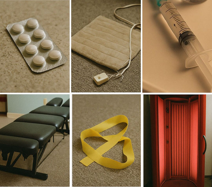 Pills, heating pad, shot, treatment table, therapy band, red light booth