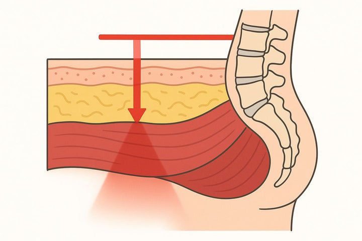 Diagram: skin, tissue, muscle and joint layers with red light reaching into the muscle