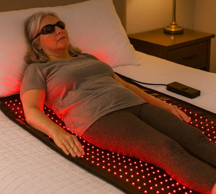 Woman lying on the glowing EMBRA mat on her bed