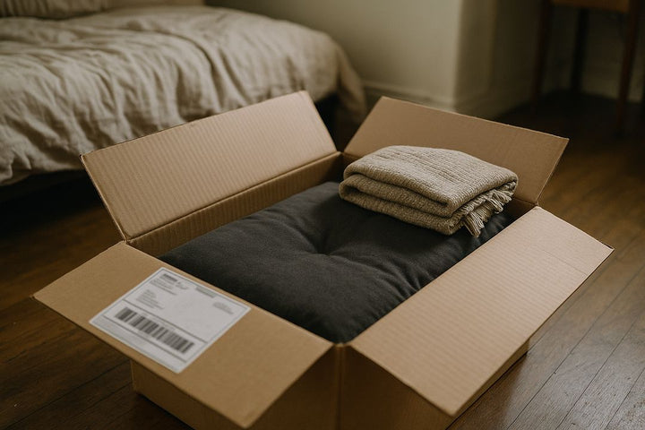 Opened shipping box with the used mat inside