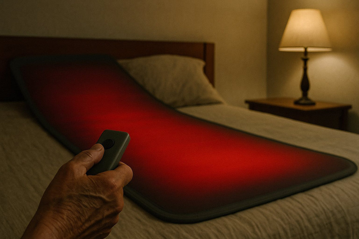 EMBRA full-body red light mat rolled out on a bed, LEDs on, controller in hand