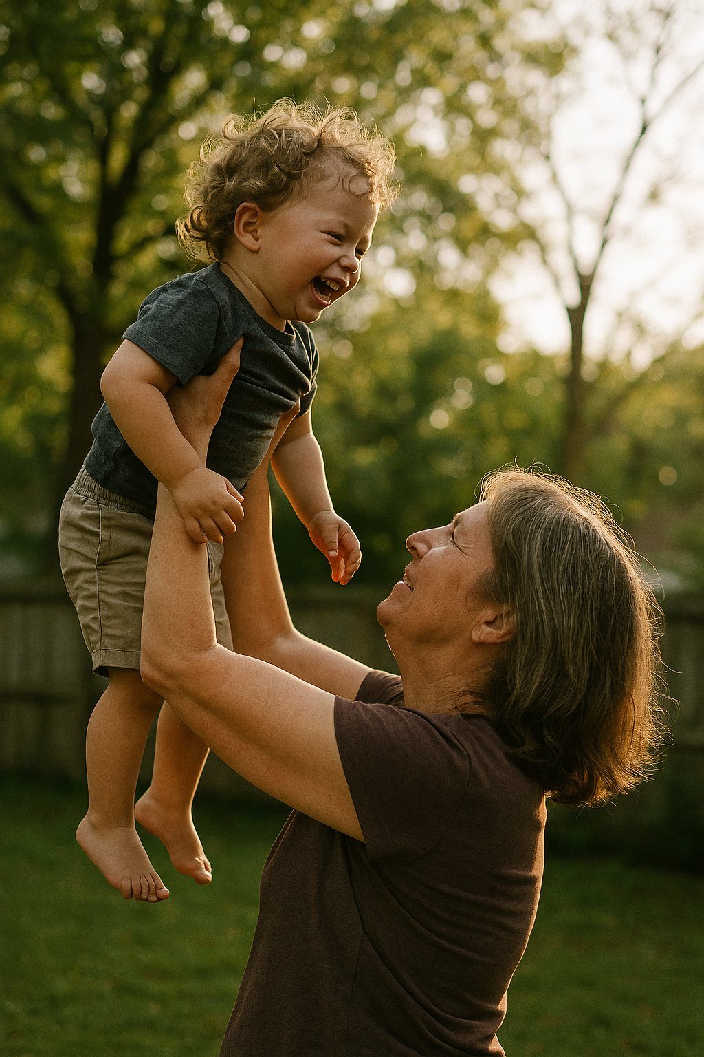 A woman lifting her laughing grandchild in the garden