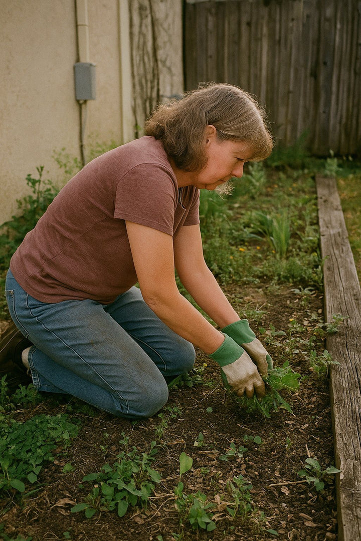 Woman kneeling in the garden, pulling weeds