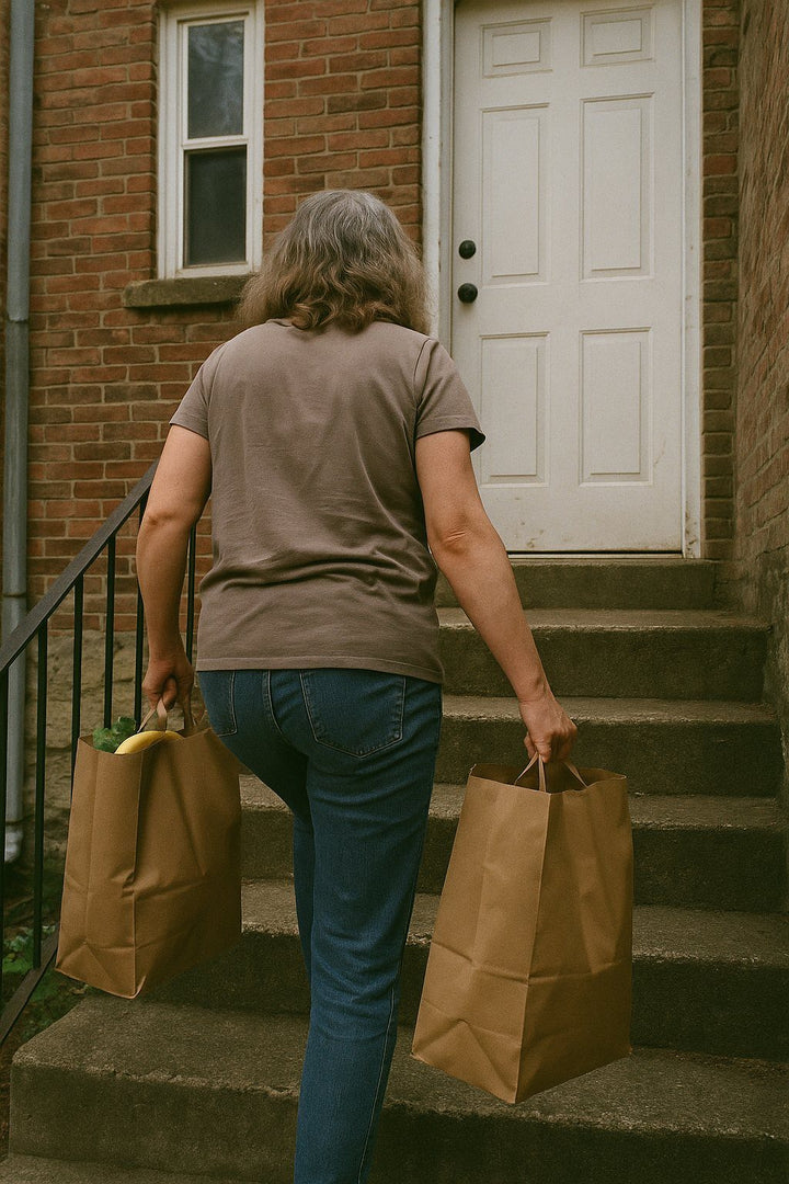 Woman carrying grocery bags up the front steps