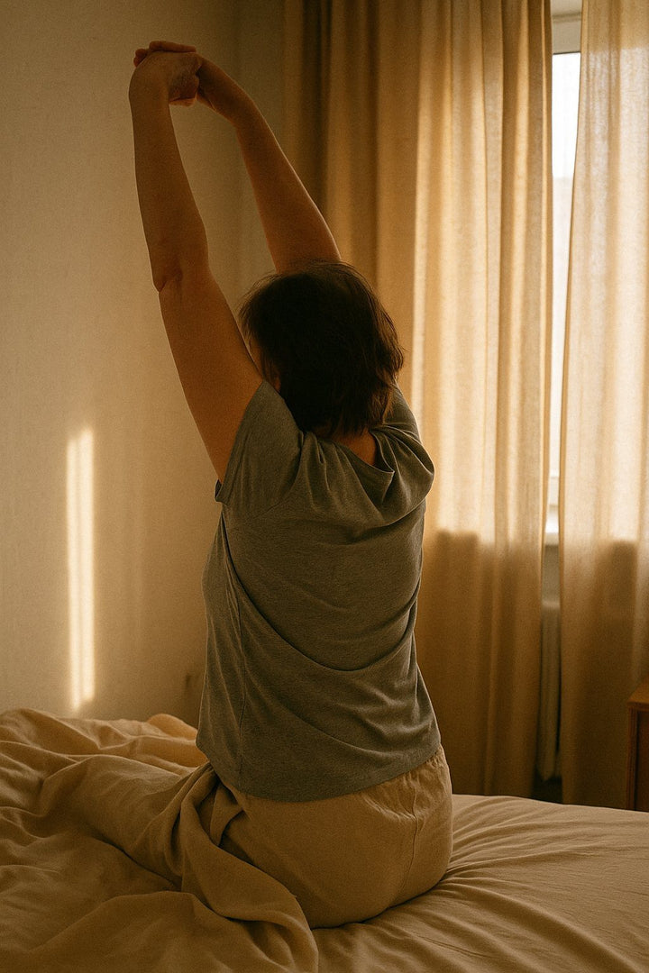 Woman stretching on the edge of her bed in the morning