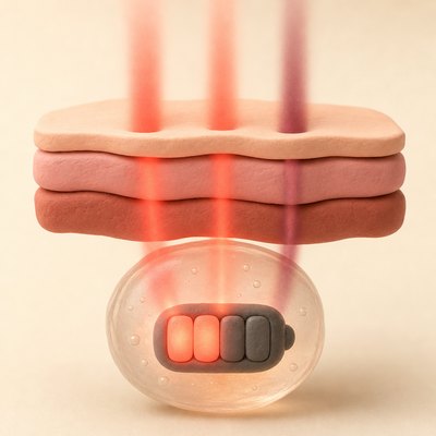 Illustration: red and near-infrared light passing through skin layers to the cell