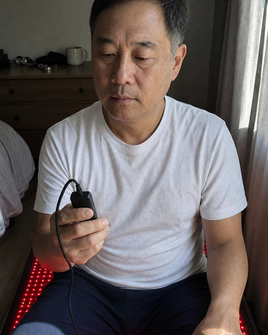 Man sitting on the EMBRA red light mat holding the small controller