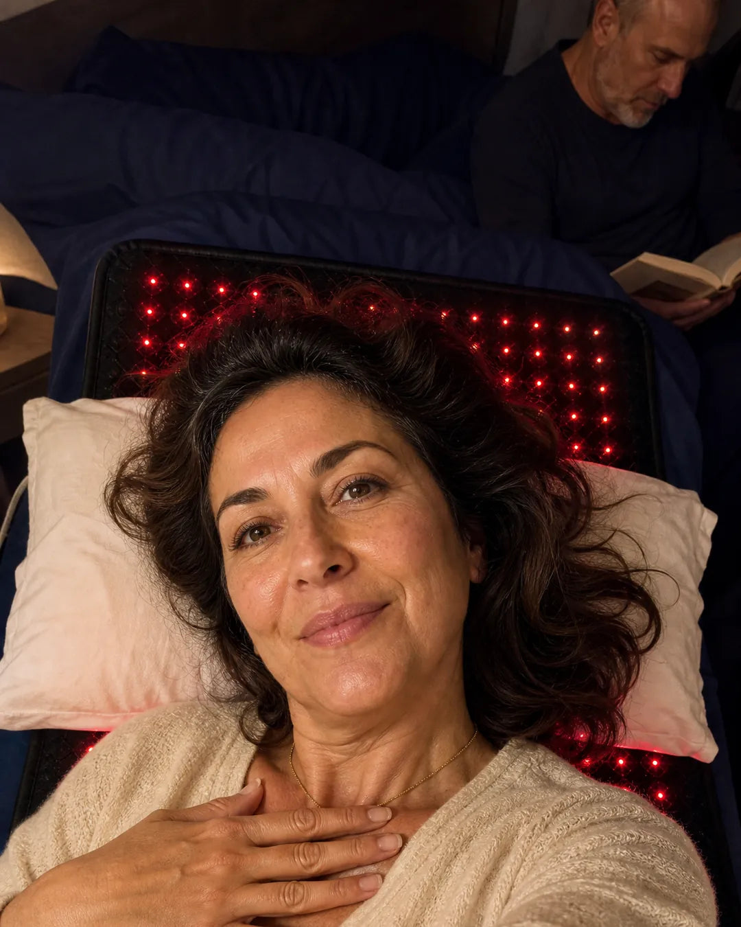 Woman lying on her back on the EMBRA red light mat on her bed in the evening, taking a selfie
