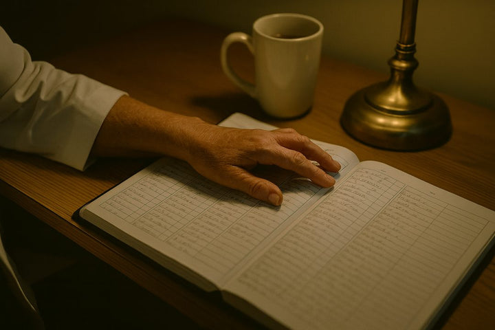 A hand resting on an open appointment book next to a coffee cup and a lamp