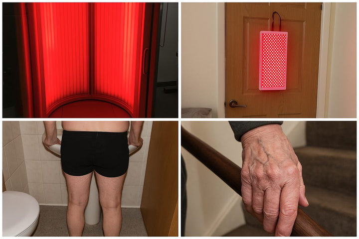 A red light booth, a panel hanging on a door, a person standing in underwear, a hand on a stair rail