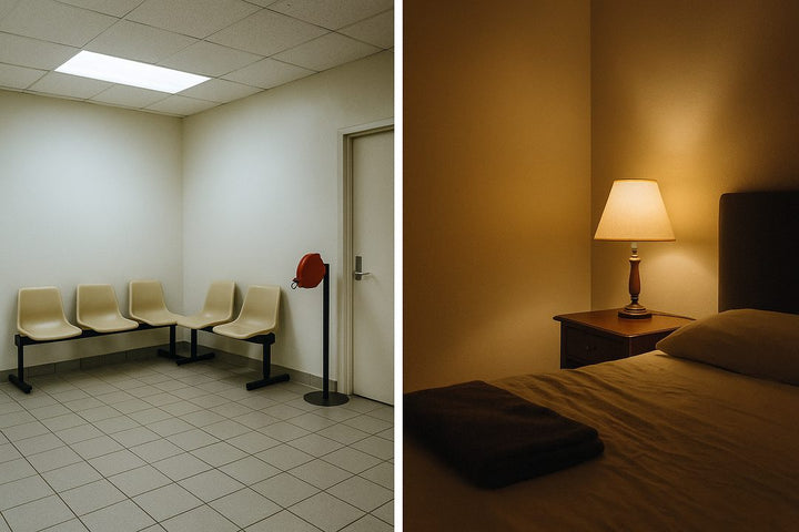 Left: an empty clinic waiting room. Right: a bedroom with a lamp on the nightstand