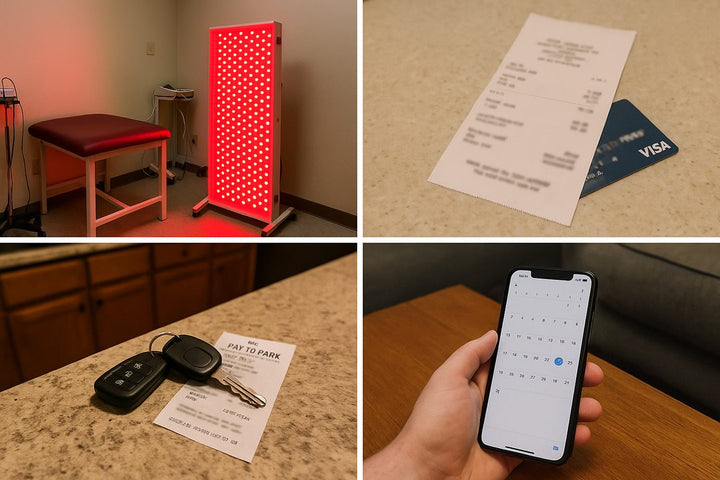A clinic red light panel, a receipt with a credit card, car keys with a parking ticket, and a phone calendar