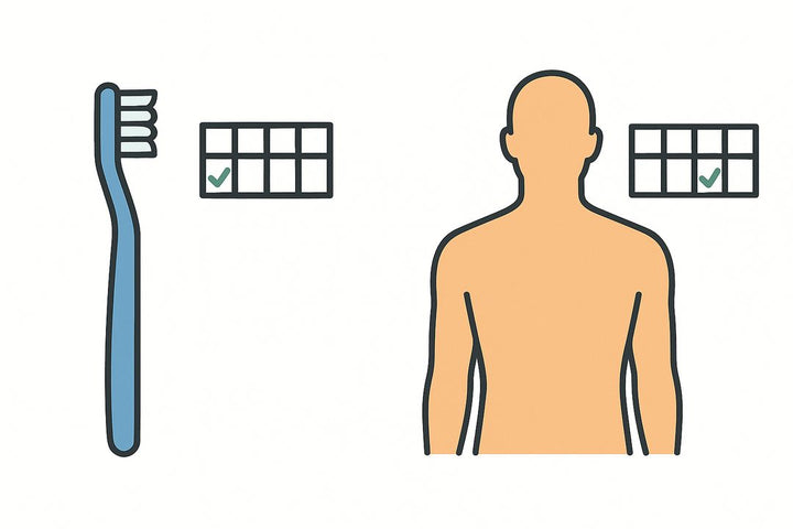 Drawing: a toothbrush with one checkmark on a weekly calendar next to a body with one checkmark on a weekly calendar
