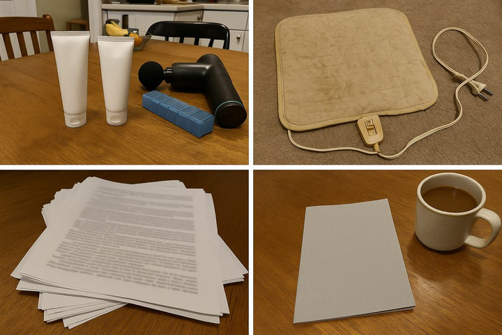 Pain creams, a pill organizer, a massage gun, a heating pad, medical bills and a chiropractic brochure